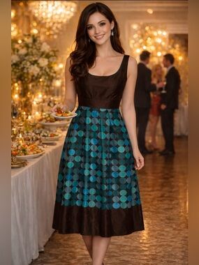 Vintage-Inspired Chocolate & Teal Polka Dot Fit & Flare Dress